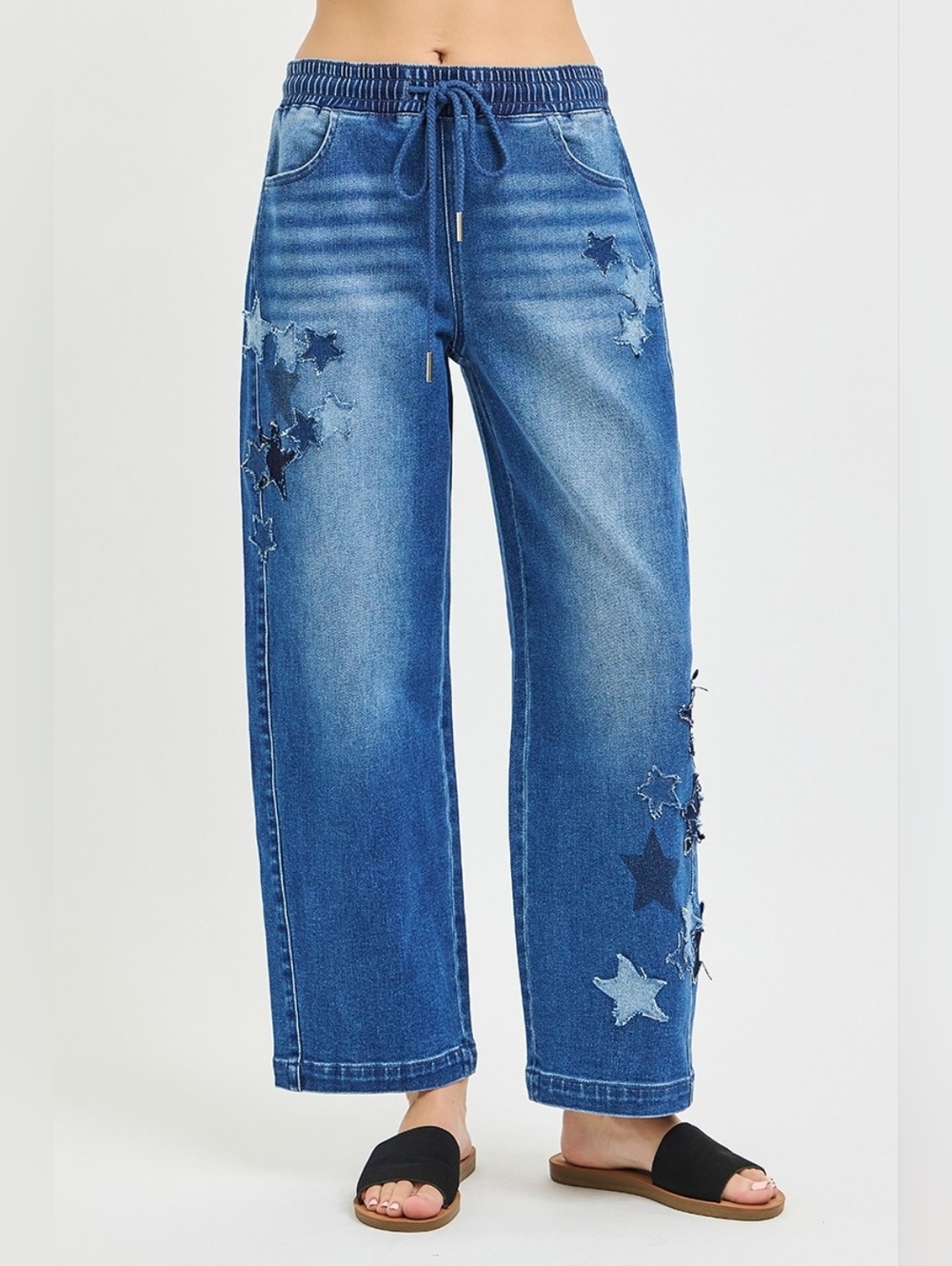 RISEN HR Dark Wash Slouchy Barrel Jeans Star Patch Elastic Waist Various NEW - Picture 3 of 7
